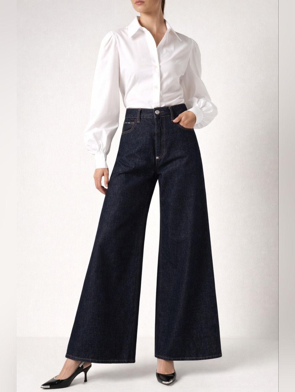 NWT $950 Philipp Plein Couture Mykonos Wide Leg Jeans Dark Wash Size 31 Logo